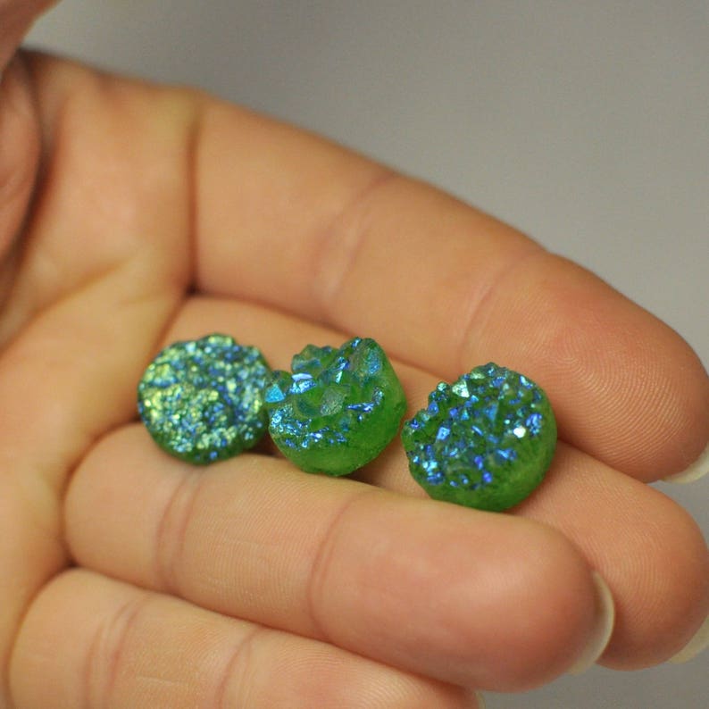 29.80 Cts. 15x7 14x7 mm Lot of 3 Pcs Natural Green Blue Titanium Druzy Quartz Cabochon Gemstone Set Round Shape Ring size