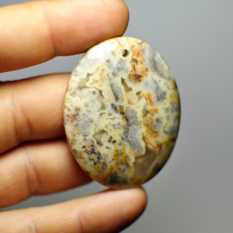 47x37x6 mm Natural Designer Mexico Crazy Lace Agate Oval Pendant Bead Yellow Gray color 93.45 Cts.