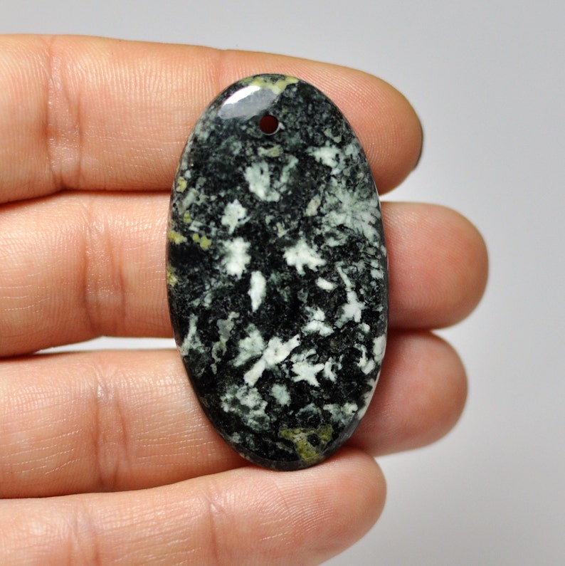 Natural Black White Flower Jasper Pendant. Oval shape. Etsy