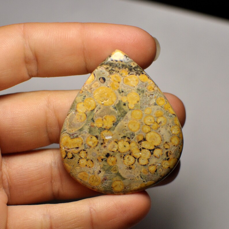 Beautiful Leopard Skin Jasper Cabochon Gemstone Orange Grey Color Pear Shape Big Cab Pendant Size 84.55 Cts 50x43x6 mm