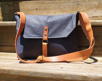 Luna Messenger Bag, Medium Size, Cross Body, Waxed Canvas, Leather, Handmade, Minimalist, Made in USA, For Her, Handcrafted, Navy