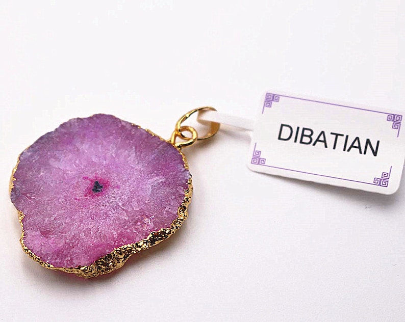 DIBATIAN Natural Pink Druzy Agate Pendants,Gold Electroplate Edge Druzy Pendents,Gold Pendants