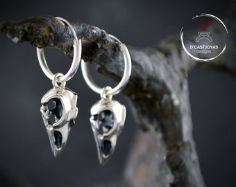 Silver skull raven  earring hoops with oxidised textures, Viking earrings