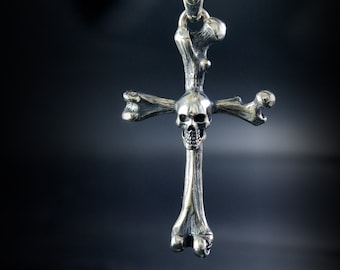 Solid Sterling Silver Skull Bones Crucifix Pendant, Memento Mori Pendant, Realistic Bones and Skulls