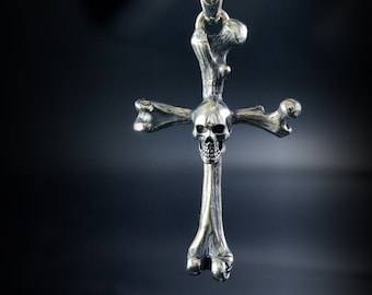 Colgante crucifijo de huesos con calavera de plata de ley solida, Colgante memento mori, Huesos y calaveras realistas