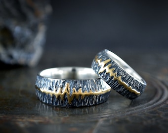 Rustic Wedding Band Heartbeat Ring Set, Matching Couple Rings