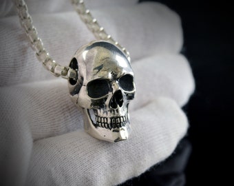 Silver Full Skull Pendant, Memento Mori Pendant, Human Skull Necklace