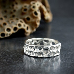 Rustic  silver  wedding band ring with holes, Sea organic ring