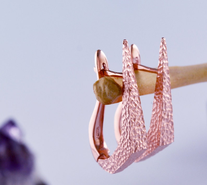 Rose gold plated dagger hoop earrings, Hand made in Sterling silver, Punk earrings image 2