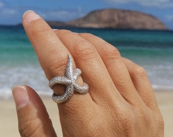 Silver Starfish ring,  Adjustable Starfish Envelope Ring, summer jewelry