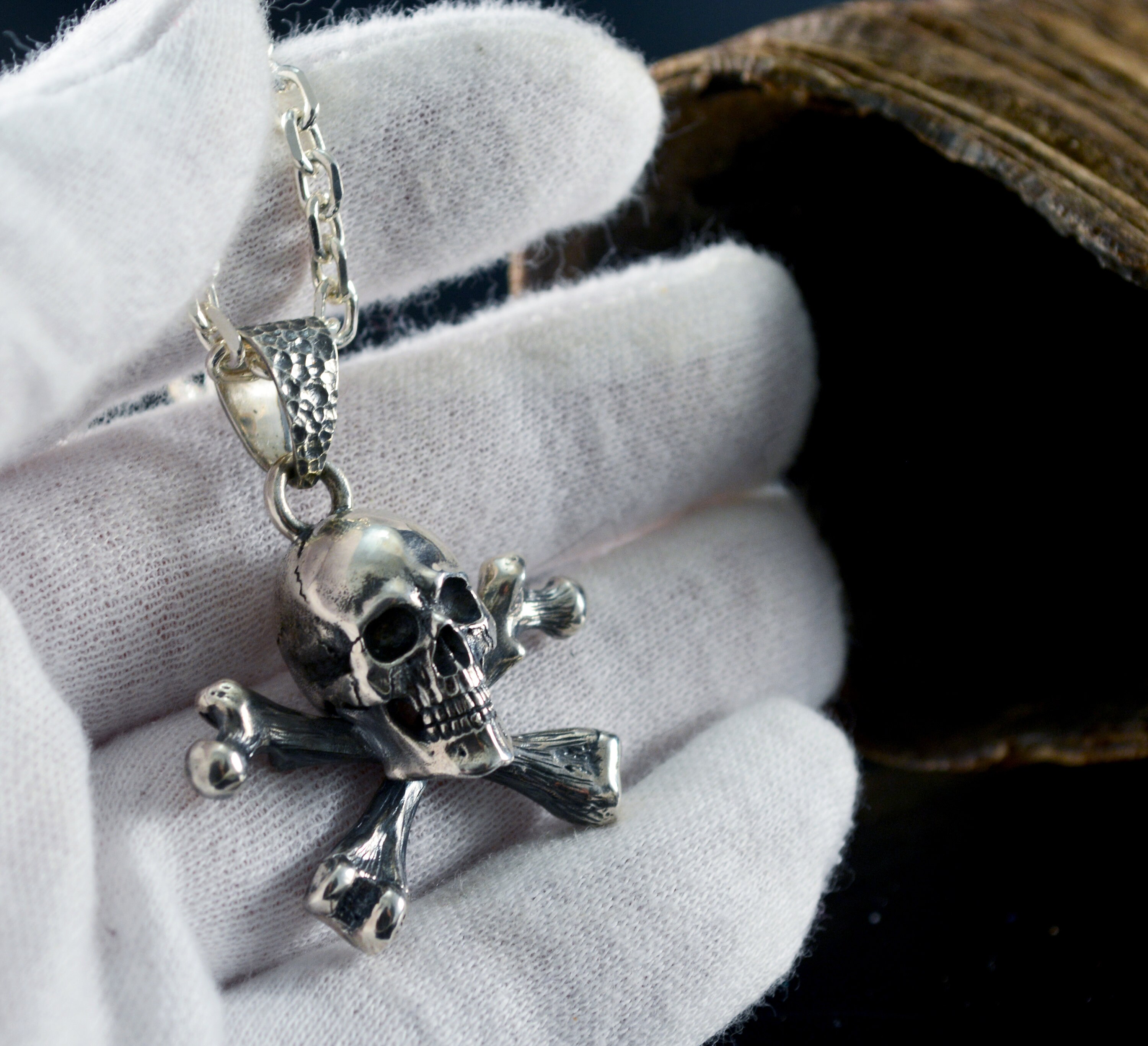 Silver Skull and Crossbones Pendant, Jolly Roger Necklace