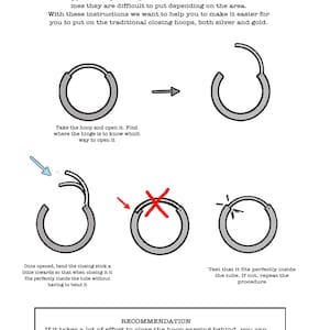 May include: A diagram showing how to close small hoop earrings. The instructions include opening the hoop, bending the closing stick inwards, and testing the fit. The text reads "Learn to close these very small hoop earrings".