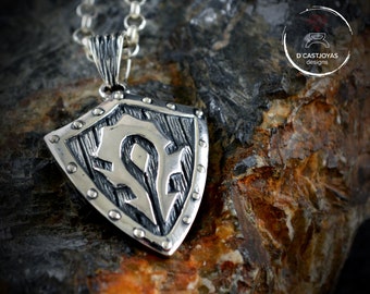 Horde shield pendant in solid Sterling silver, World of Warcraft necklace for men