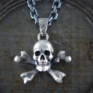 Silver Skull and Crossbones Pendant, Jolly Roger Necklace, Realistic Pirate Skull, Memento Mori