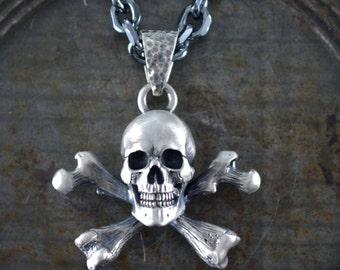 Silver Skull and Crossbones Pendant, Jolly Roger Necklace, Realistic Pirate Skull, Memento Mori