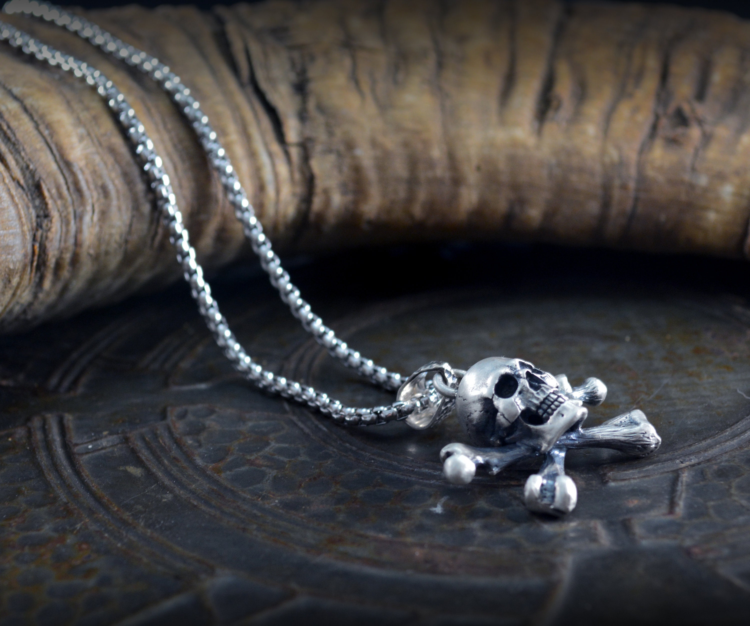 Silver Skull and Crossbones Pendant, Jolly Roger Necklace