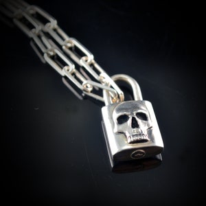 Handmade Sterling Silver Skull Padlock Choker: Rectangular Link Chain