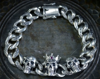 Unique Handcrafted Skulls Link Bracelet with Royal Crown, Solid Silver Memento Mori Bracelet
