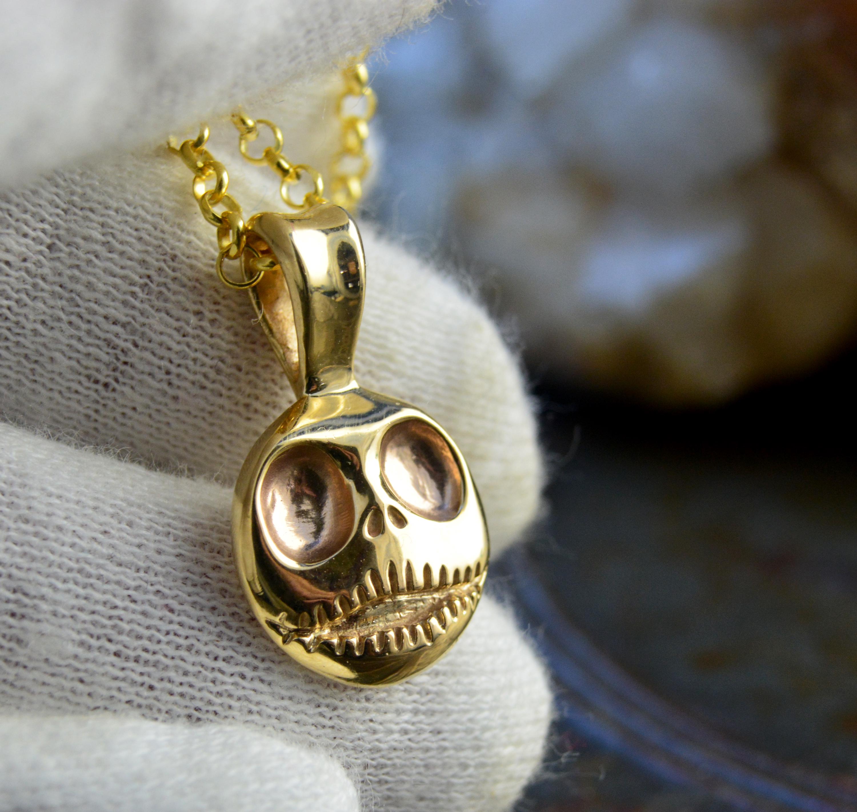 Solid Gold Jack Skellington Pendant , Gothic Skull Jewelry 