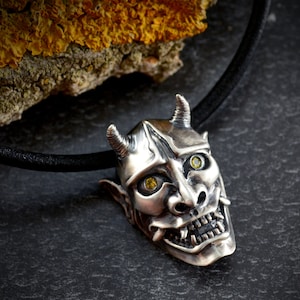 Japanese Oni demon pendant in Sterling silver and natural stones,  Hannya mask necklace