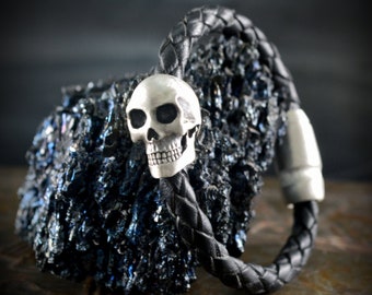 Handmade Silver Skull Braided Leather Bracelet: Badass Jewelry
