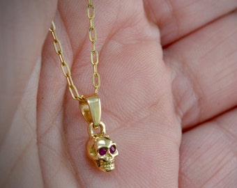 14K Gold tiny skull charm with natural stones, Unique gift for dad