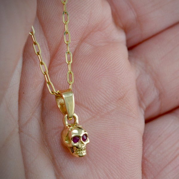 14K Gold tiny skull charm with natural stones, Cool gift for her