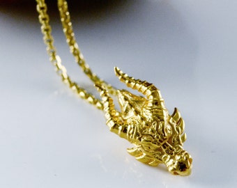 Small solid gold dragon head pendant, Dragon handmade in 10k, 14k and 18k gold, Cool Christmas gift