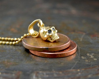 18k Gold tiny skull pendant with natural stones, Cool engagement skull gift