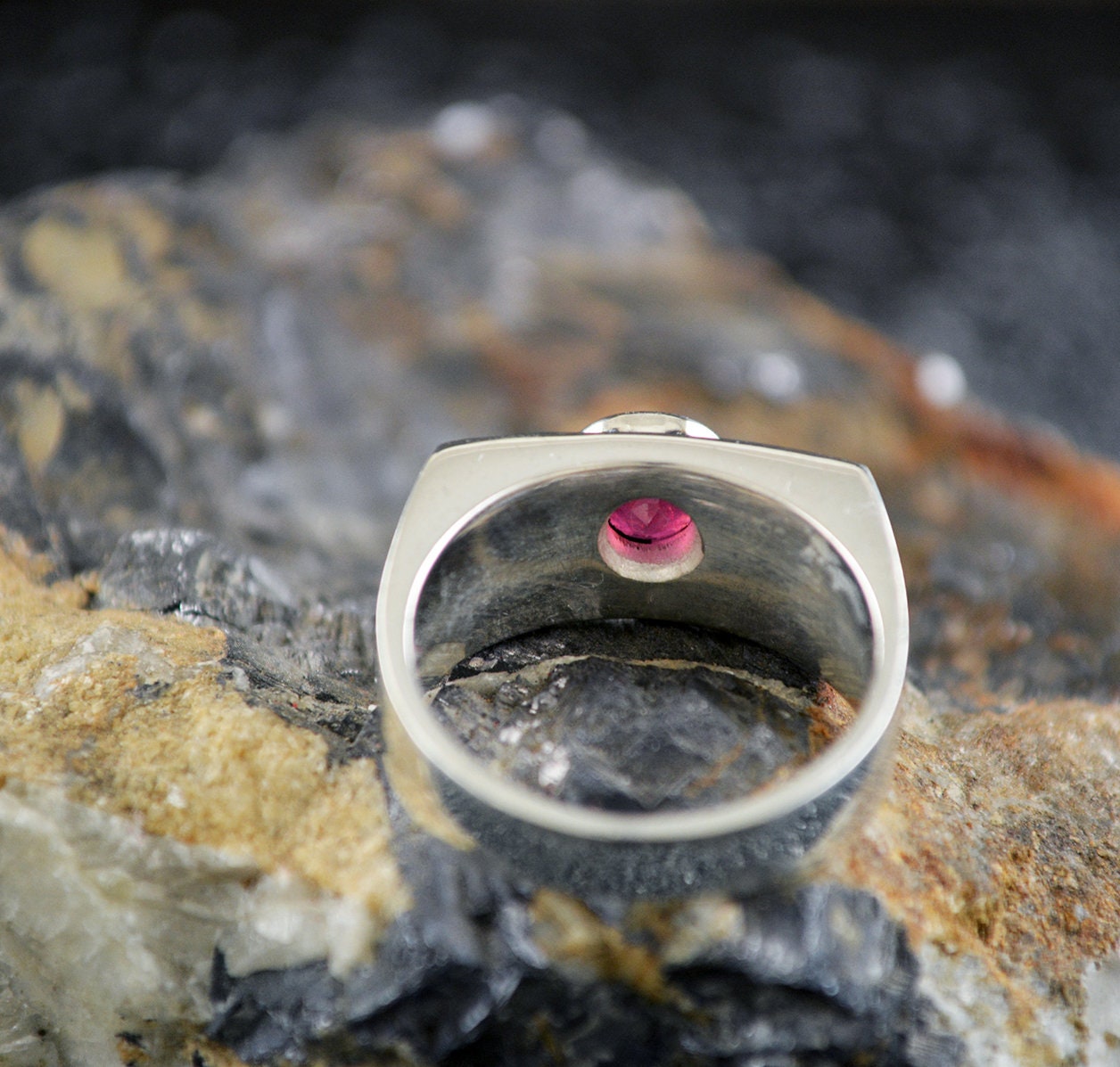 Silver signet ring for men with natural ruby, Red stone ring