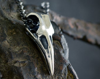 Silver raven skull pendant Odin, Viking necklace