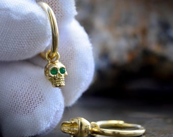 Gold Skull Hoop Earrings, 10k, 14k & 18k Gold Dangle Skulls for Men  and Women, Unique Wedding Gift
