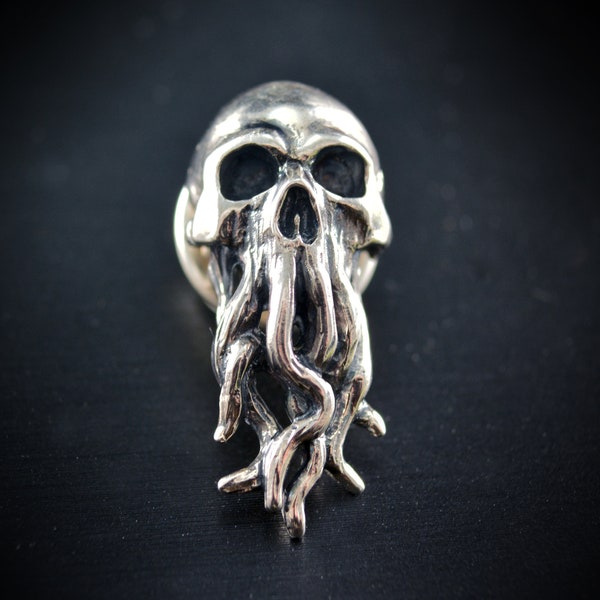 Cthulhu pin, Silver skull brooch, Viking lapel pin, Cool wedding gift, Skull with tentacles tie clip