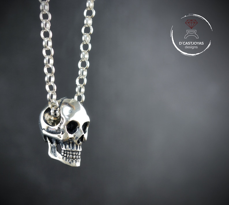 Gothic jewelry Biker jewelry Memento mori pendant Solid Silver skull pendant with oxidised textures Silver skull necklace for men