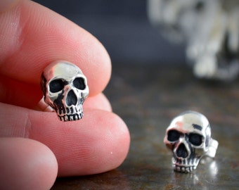 Può includere: Un paio di orecchini a forma di teschio in argento. I teschi sono dettagliati e hanno un aspetto realistico.