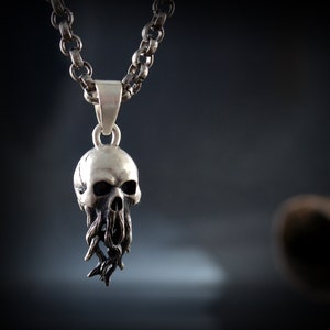 Cthulhu pendant, Silver skull with tentacles, Men necklace