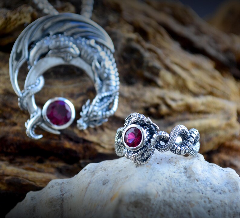 Sterling Silver Dragon Ring with Blue Topaz, Garnet, or Amethyst Stone image 18