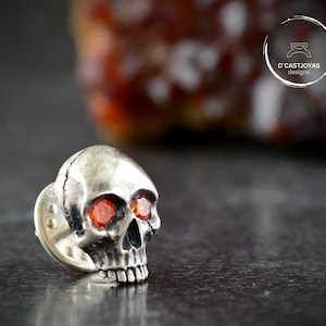 Oxidized Sterling Silver Skull Brooch: Gemstone Eyes, Memento Mori