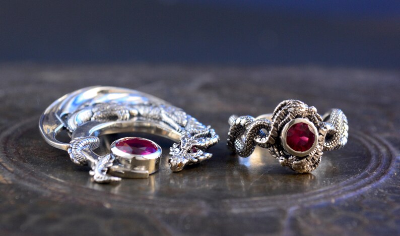 Sterling Silver Dragon Ring with Blue Topaz, Garnet, or Amethyst Stone image 17