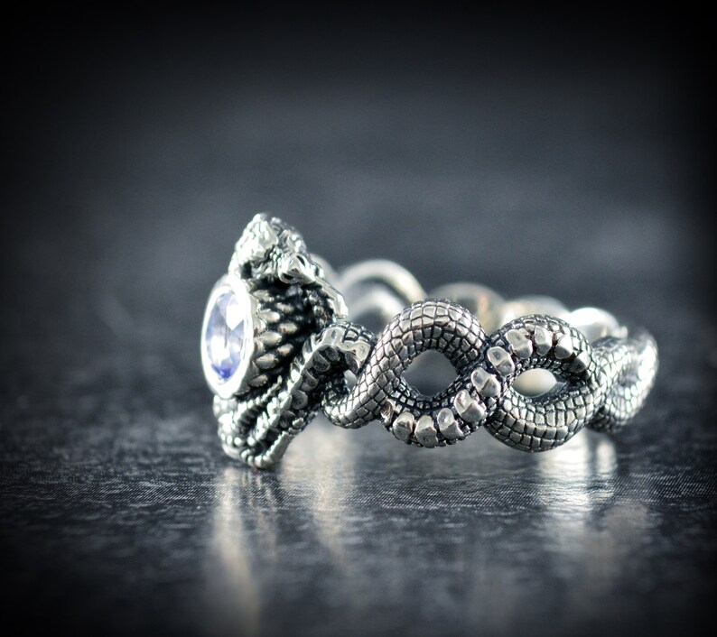 May include: A silver ring with a snake design and a purple gemstone. The snake is coiled around the gemstone, and the ring is made of sterling silver.