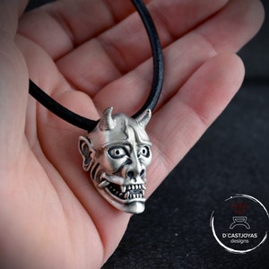 Japan demon pendant in Sterling silver and oxidised textures, Hannia, Japanese Oni Mask pendant