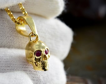 Gold skull pendant, Handmade petit skull in 10k, 14k and 18k gold, Wedding skull necklace