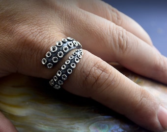 Unique Octopus Tentacle Silver Ring, Handcrafted Ocean Jewelry, Cool Gift for Sea Lover
