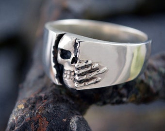 Alliance en argent avec tête de mort, bague Memento more, Whimsigoth