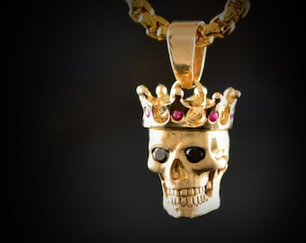 Gold Skull with crown pendant , 14k and 18k gold, Black diamonds and natural rubies