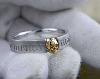 Narrow Band Ring with Skull and Memento Mori Engraved Phrase, Handcrafted in Solid Gold