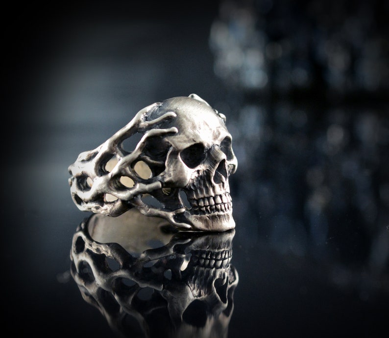 Silver skull ring for woman or men Skull ring with coral image 1