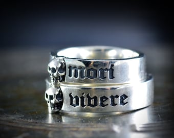 Set wedding band ring Memento Mori with skull, handmade in Sterling silver