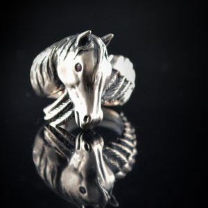 Puede incluir: Un anillo plateado con forma de cabeza de caballo, con una melena detallada y un pequeño ojo de gema púrpura. El anillo está sobre un fondo oscuro, con su reflejo visible debajo.