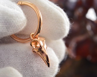 Rose Gold tiny raven skull hoop earrings, Gothic bride earrings, Cool wedding gift, Punk earrings